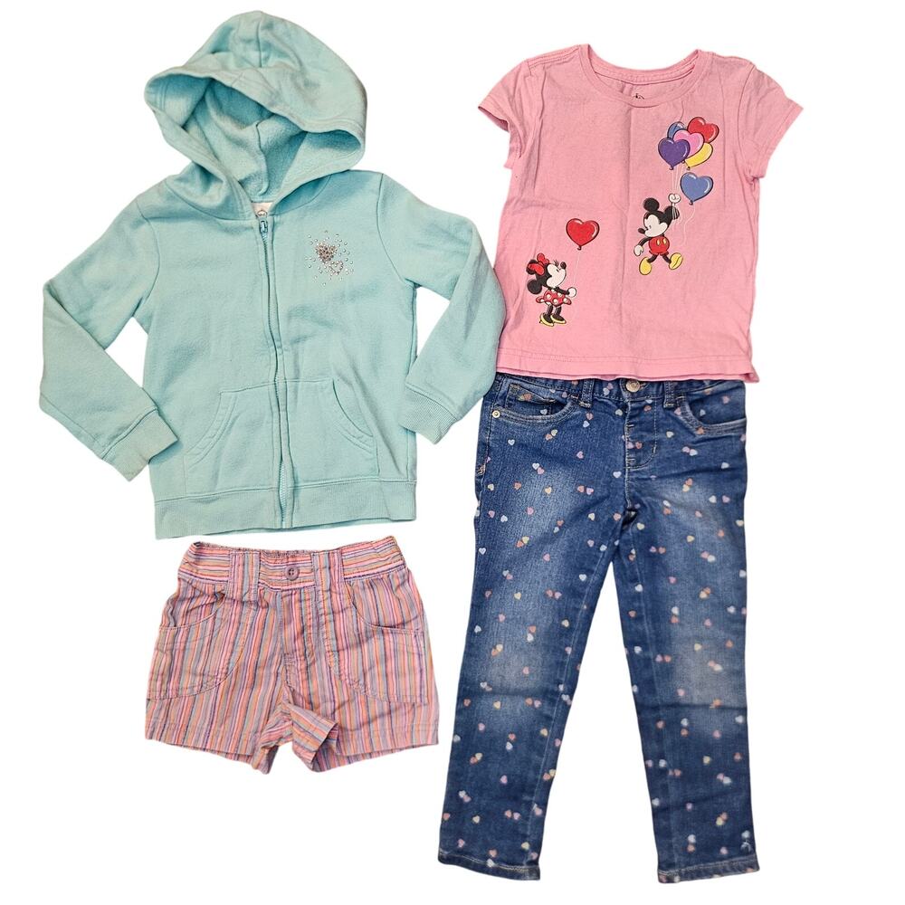 Toddler Girls 4 Piece Outfit Bundle Size 4T Hearts Disney Cat & Jack Top Bottoms